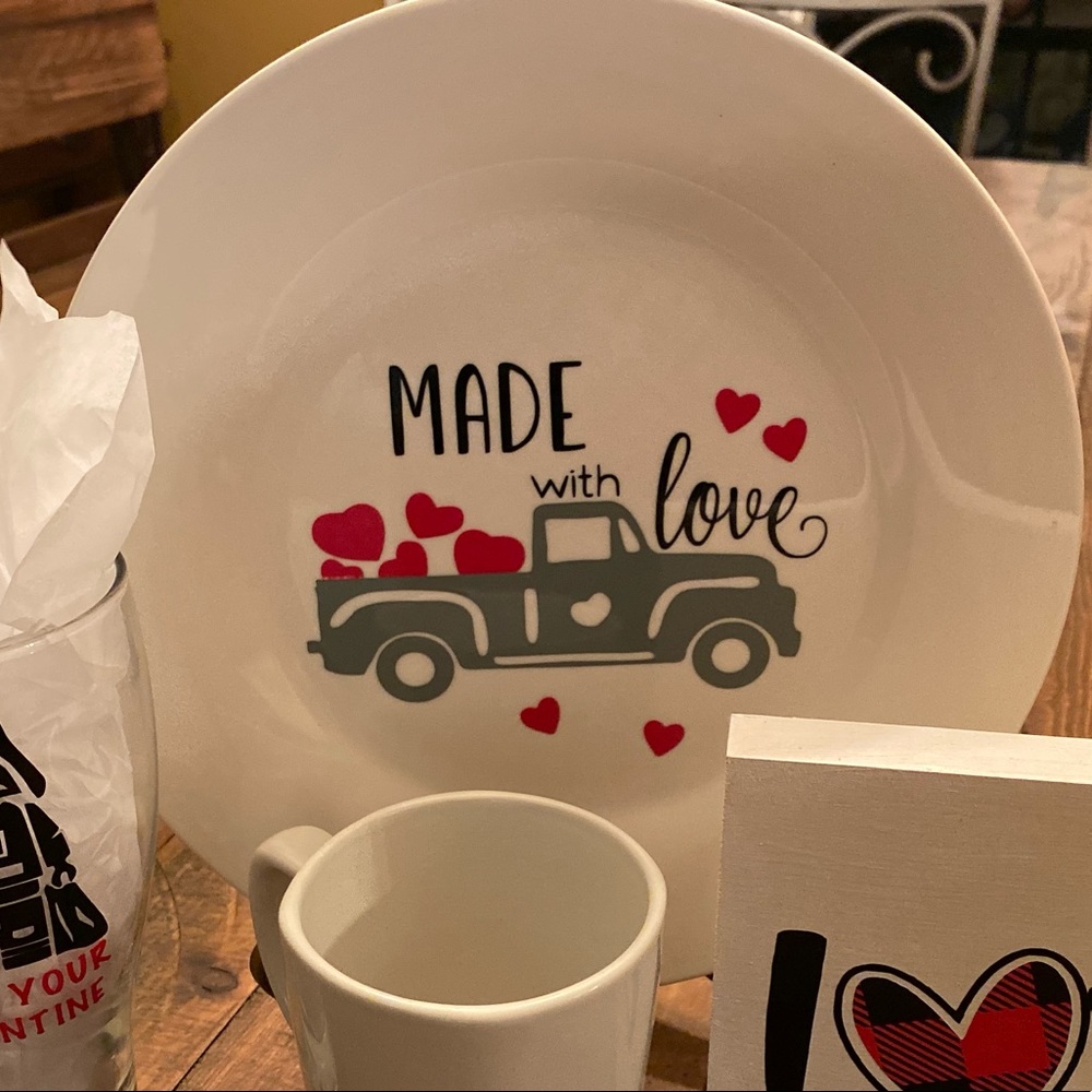 Made with love valentine red truck treat plate
